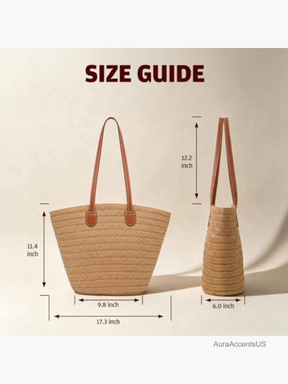 Large Woven Straw Beach Tote, Zippered with Leather Straps, Summer Handbag - Picture 5 of 7
